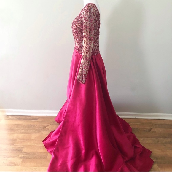 Jovani Pink Red Jeweled Long Sleeve Mermaid Dress 14 Formal Pageant Prom 46708 - Picture 6 of 13